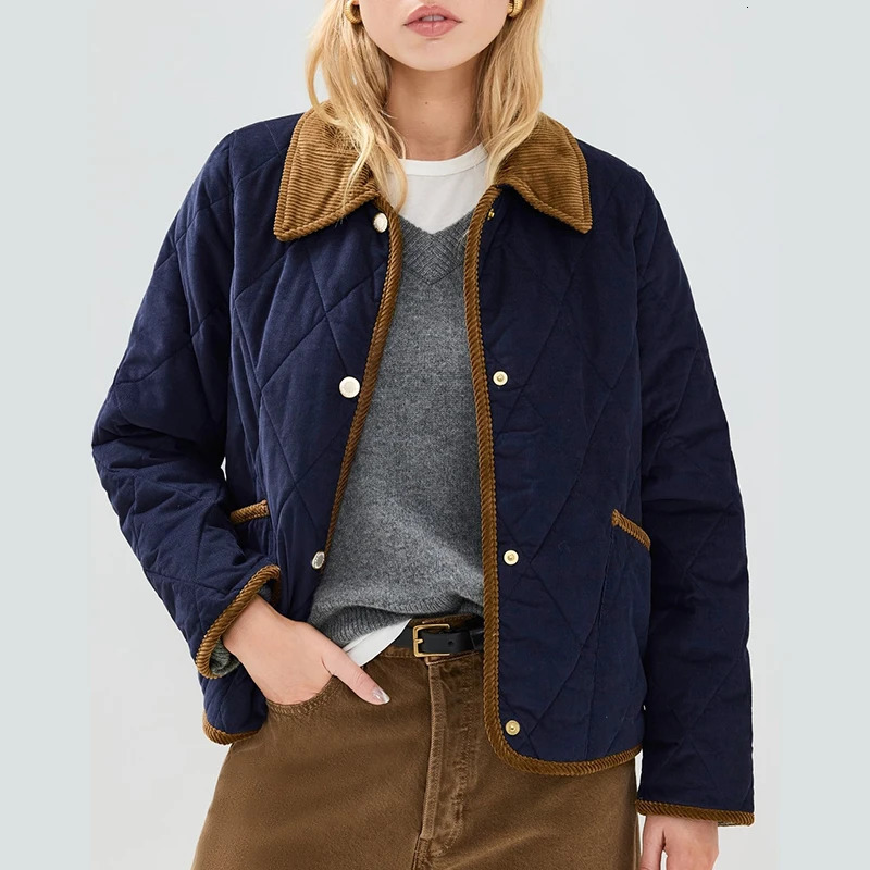 Women's Contrast Corduroy Trim Quilted Jacket Retro Laple Collar ButtonDown Long Sleeved Warm Winter Coat Woman Outercoats 260929