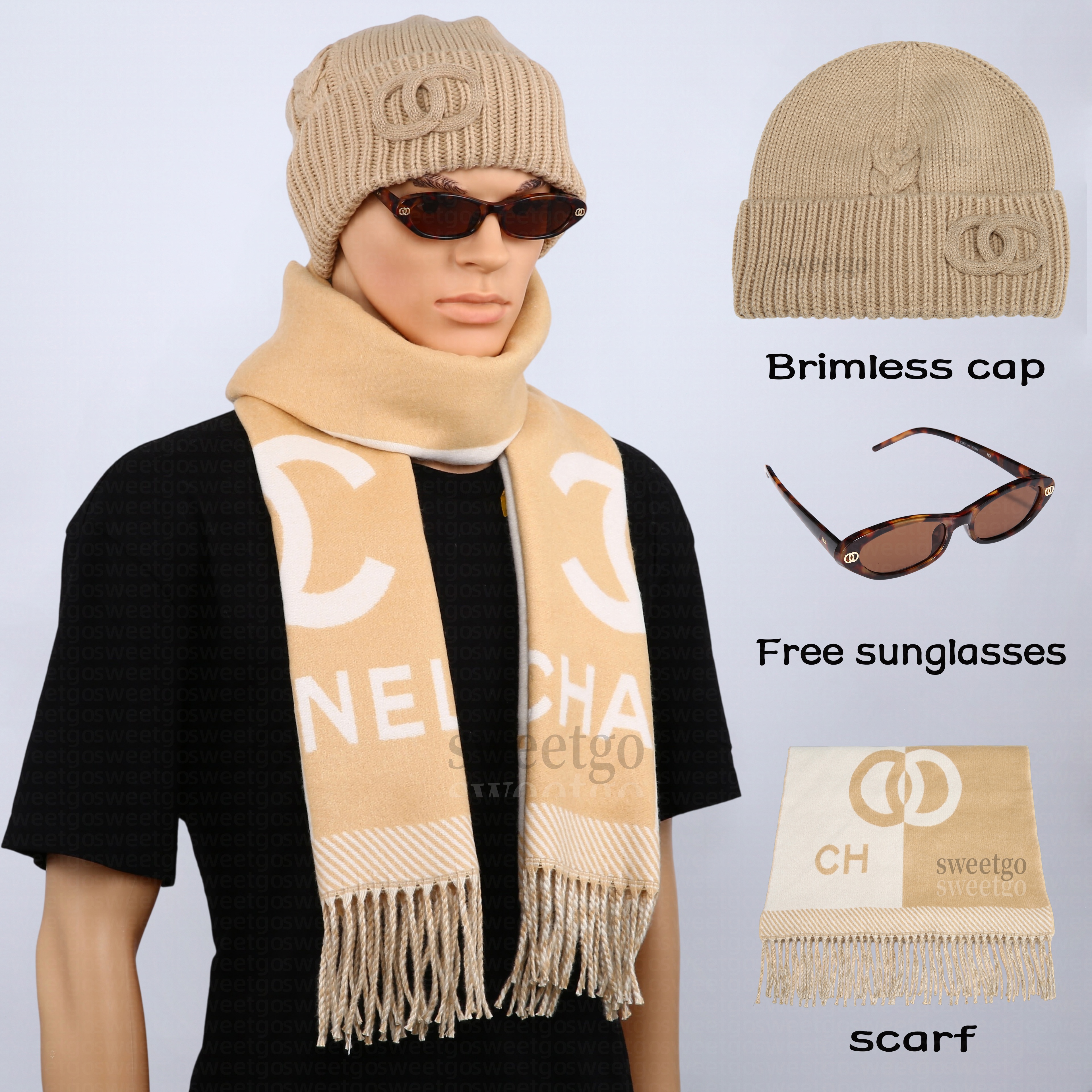 Three-Piece Knit Cuffed Beanie and Scarf Set Striped Hat Black and white color paired with knitted hat scarf Fashion Casual Accessories with Free Su