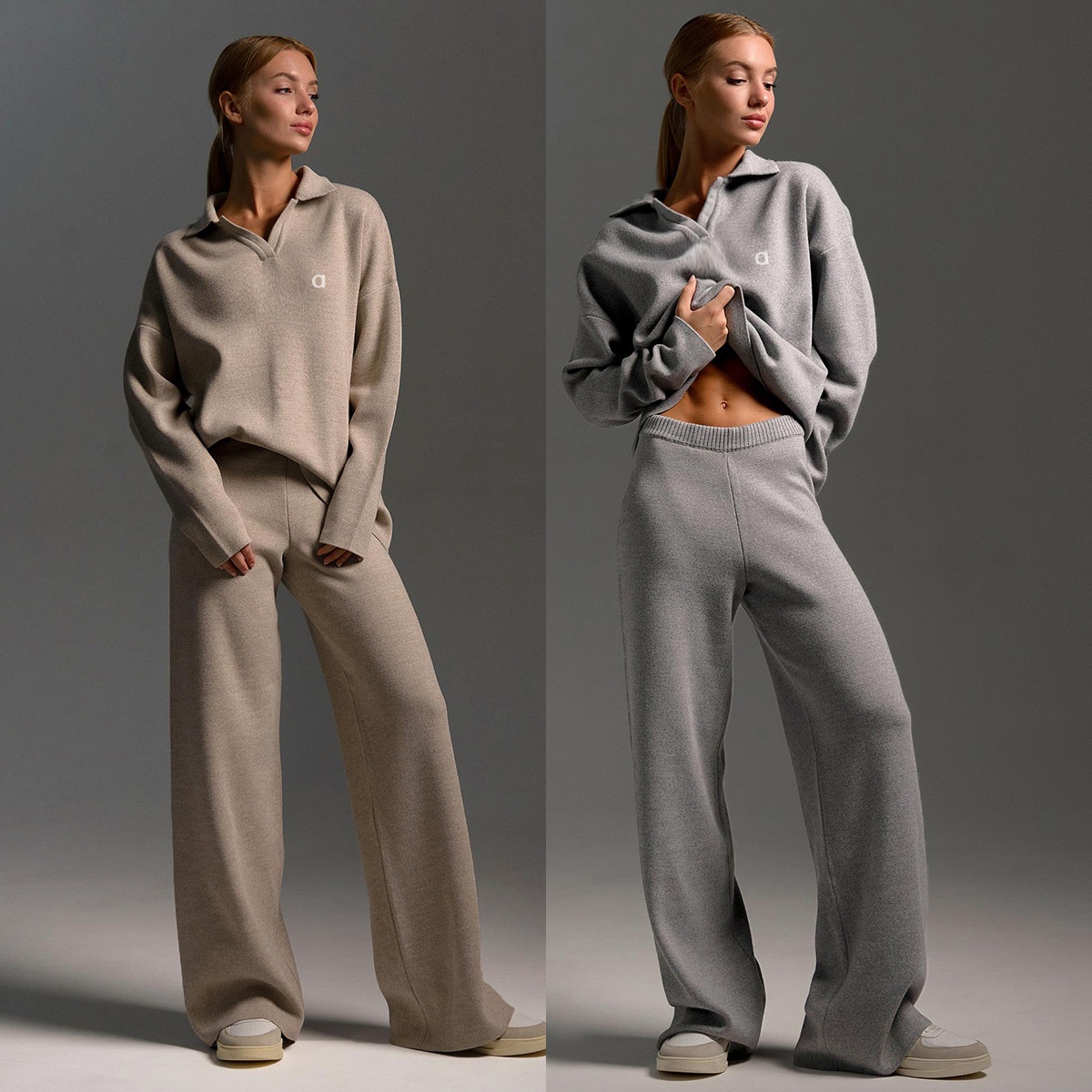 Women Sweater Yoga Outft Suits designer Two Piece Autumn Winter Polo Neck Knitted Pullover Wide Leg Pants Jogger Suit Gym Tracksuit womens workout s
