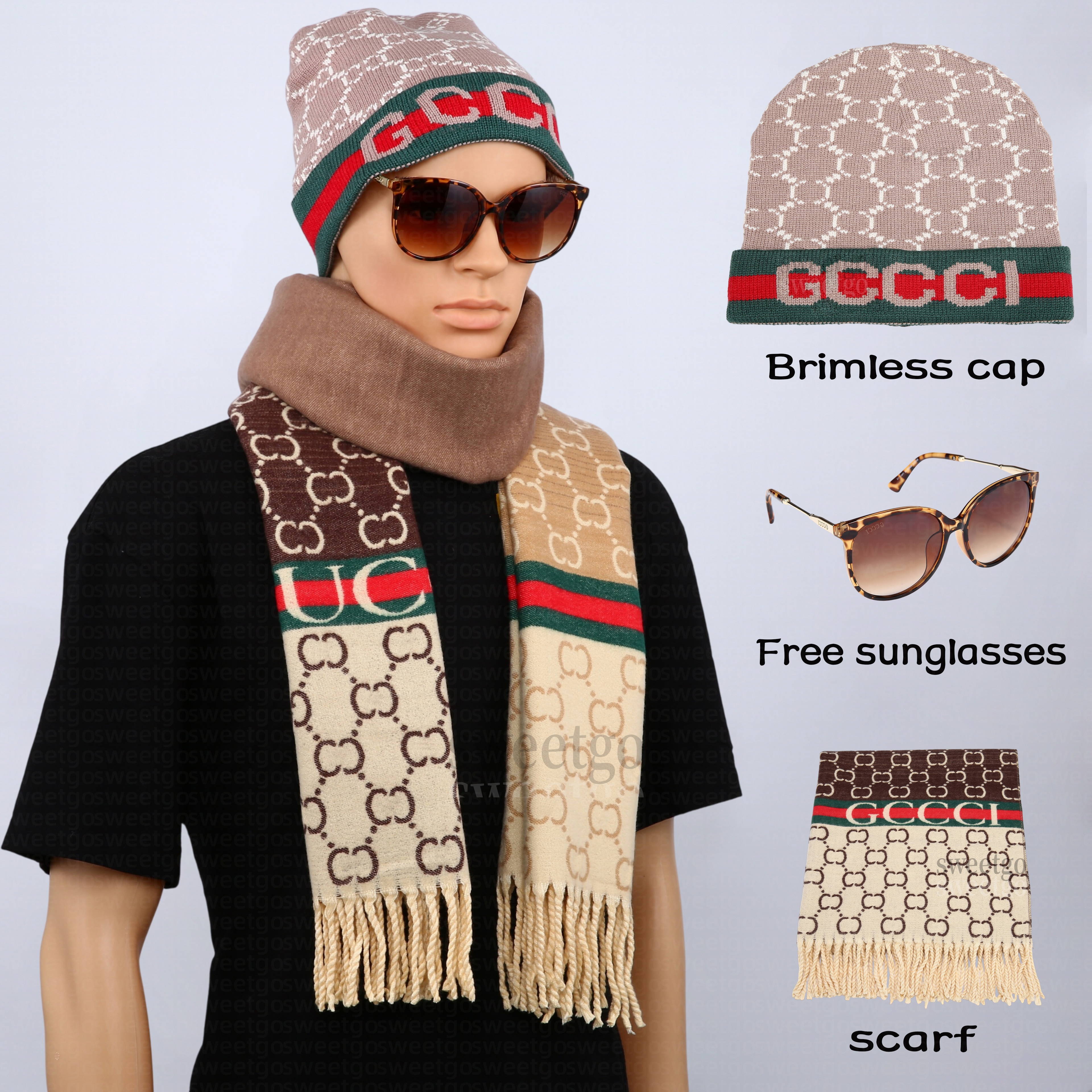 Classic Letter hat and Geometric Pattern Knit Beanie and Fringed Scarf Three Piece Set with Complimentary Cat Eye Sunglasses Fashion Accessories Set