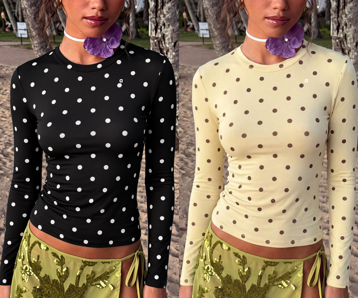 T-Shirt amincissant à manches longues et col rond pour femme, A3090, nouvelle collection automne 2026, imprimé à pois