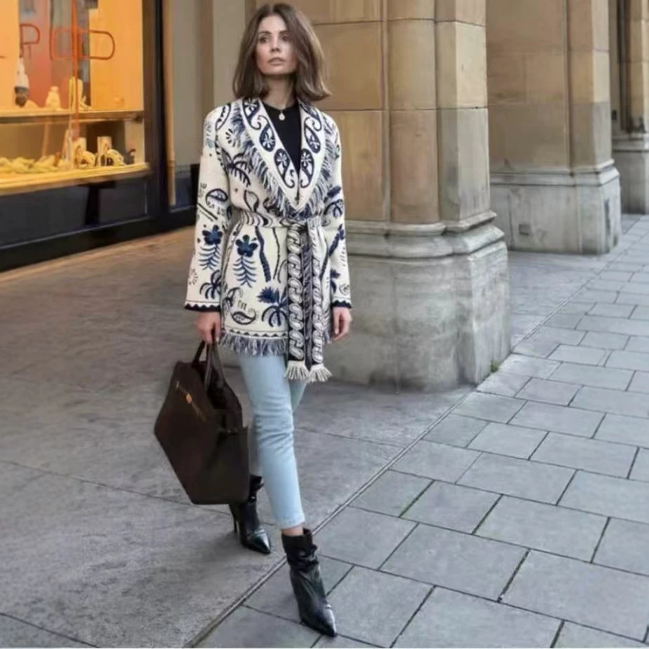 Cardigan Jacquard à pampilles de Style Boho, avec broderie romantique libre d'esprit et détail de cravate, mi-longue, 260114, automne et hiver