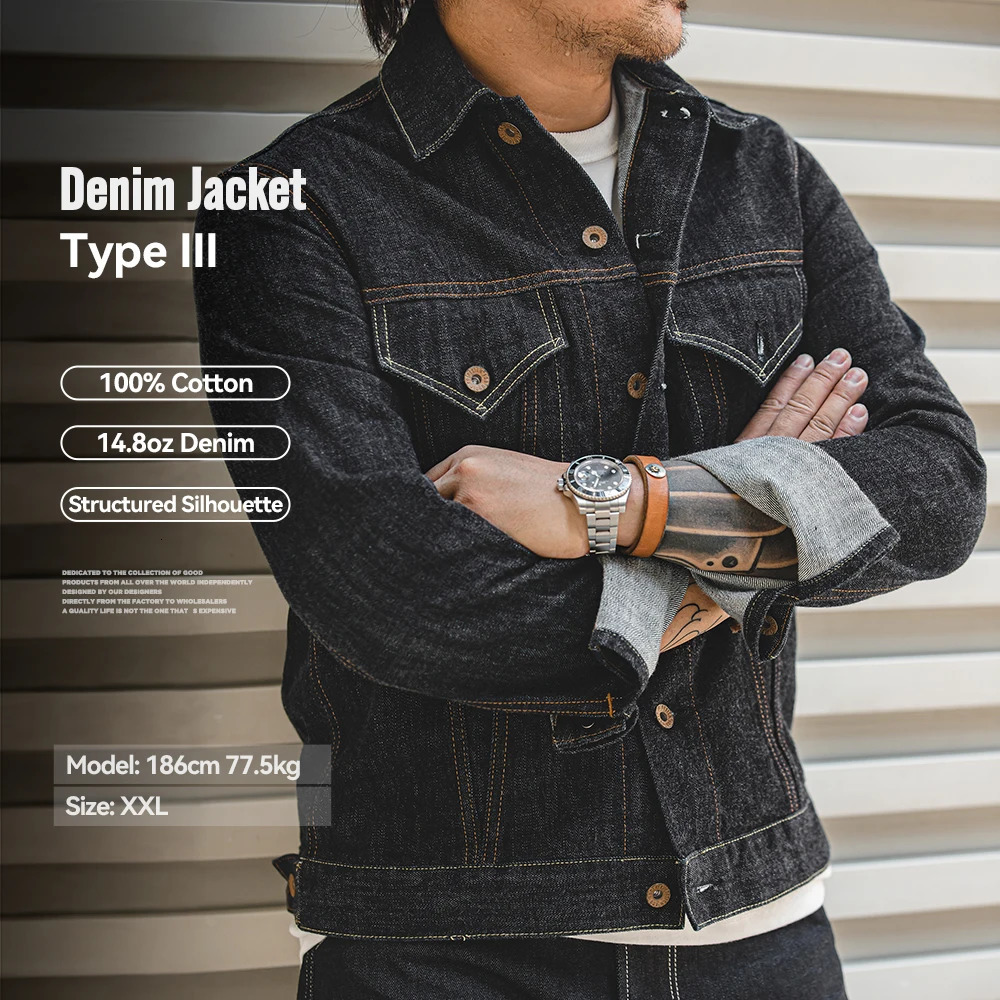 Maden Men's Denim Jacket Washed Vintage Jean Type III Trucker Cotton Slim Fit Workwear Outerwear Autumn Dark Blue 260929