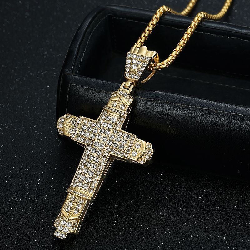 New European and American hip-hop jewelry: stainless steel gold-plated cross pendant necklace with rhinestones