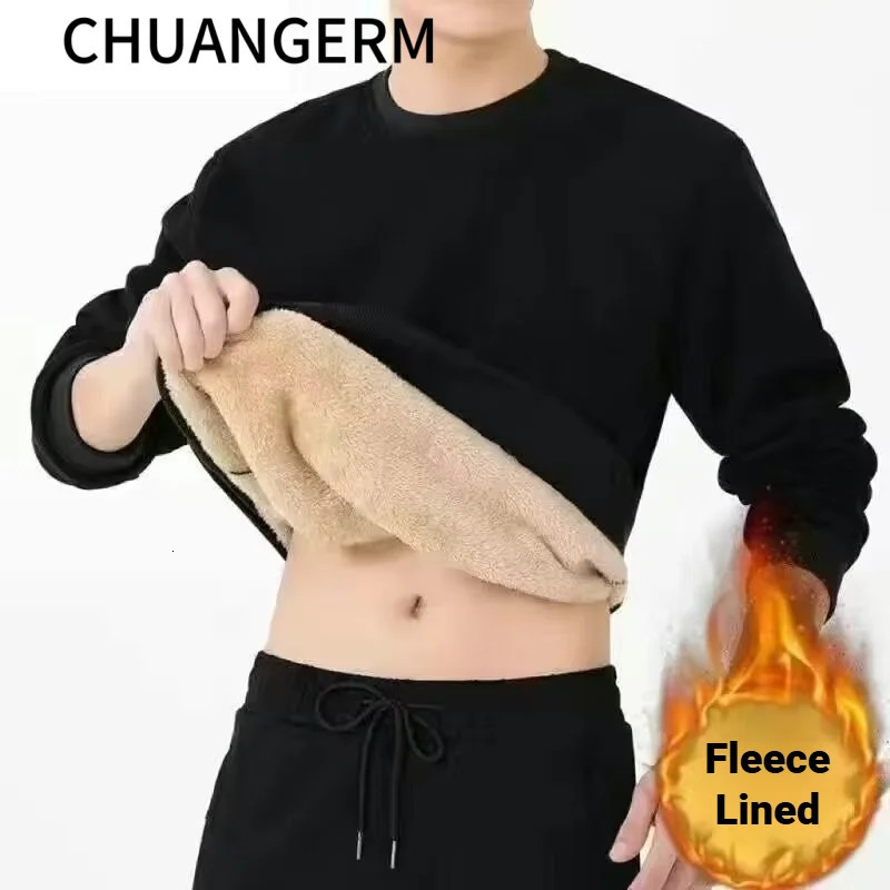 CHUANGERM Korean Fashionable Plush Casual Warm Underwear Tshirt Men's Autumn Winter Fleece Lined Warm Top Long Sleeved 261009