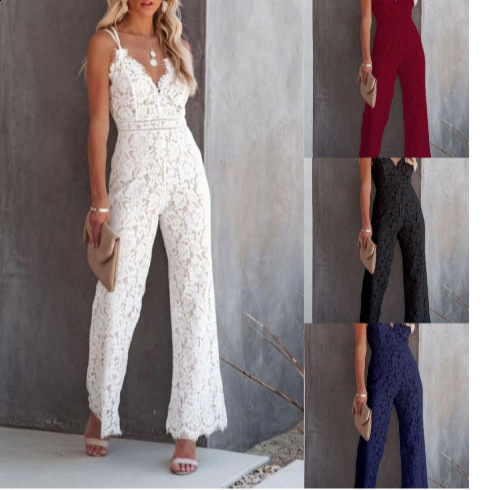CHRONSTYLE Elegant Women Lace Wide Leg Pants Jumpsuits Solid Color High Waist V Neck Floral Rompers Streetwear 240322