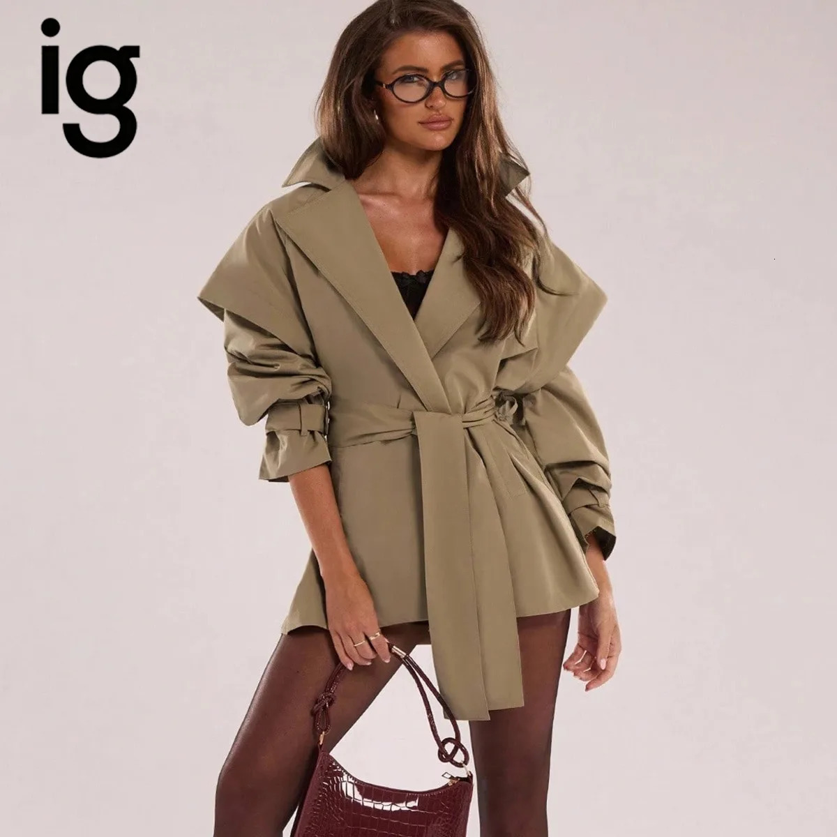 Women Oversized Trench Coat Big Lapel Collar Self Tie Waist Belt Buckle Long Sleeve Loose Mid Length Wrap Windbreaker Outerwear 260929
