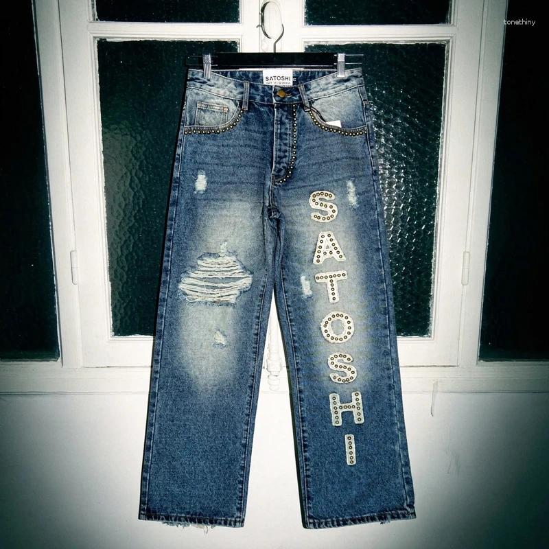 Vintage Washed Blue Nail Beads Patch Embroidery Letter Jeans Satoshi Pants Men Women Hip Hop Street Cut Hole Denim Trousers