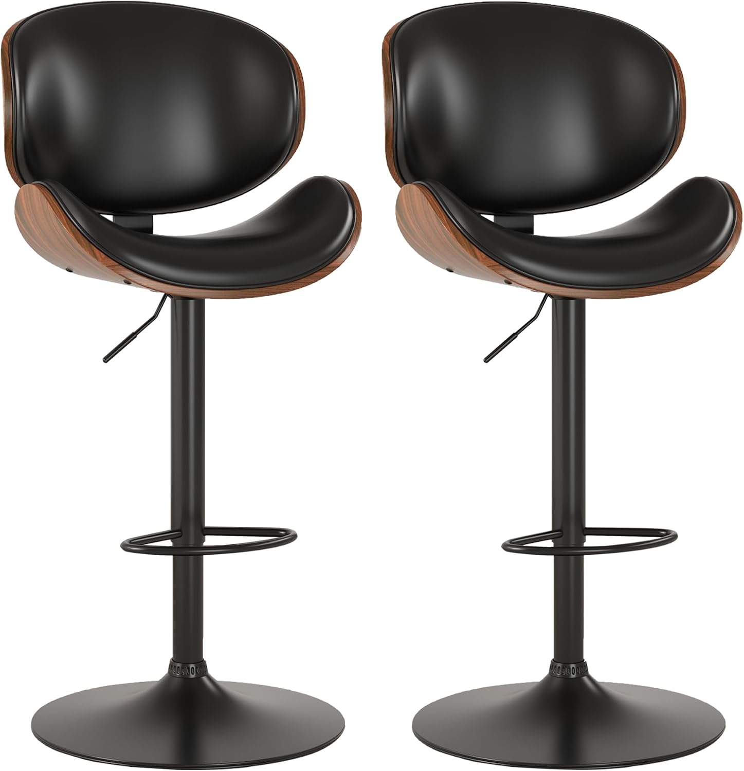 Bar Stools Set of 2, Swivel Adjustable Height Barstools, PU Leather Upholstered Bar Chairs with Footrest, Bentwood Bar Stool for Kitchen, Bar, Dinin