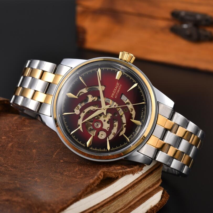 New SEIKOity men's Presage automatic mechanical watch, hollowed out dial watch, gradient red dial, polished round case, business suit men'