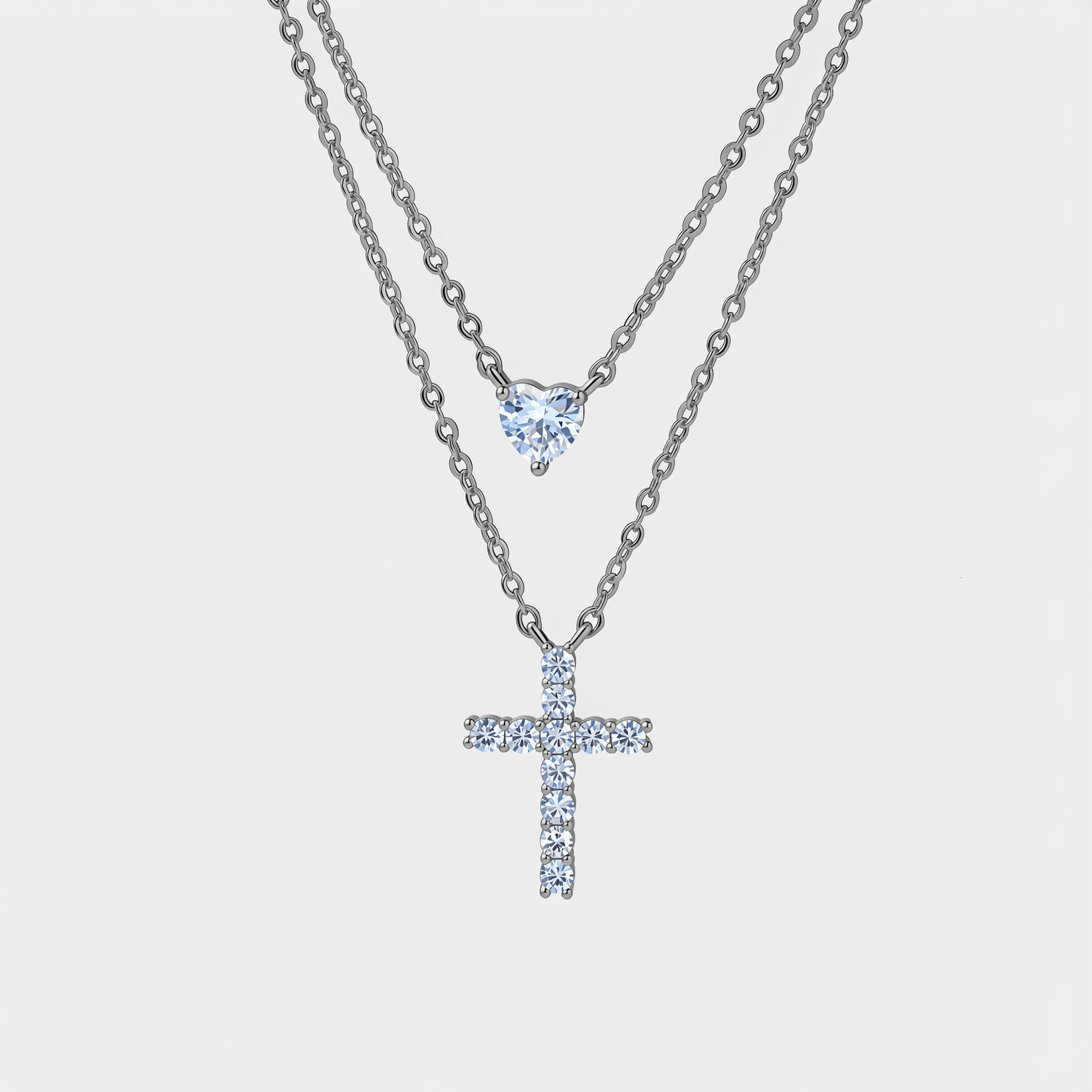 Copper alloy BM-style sparkling diamond cross necklace accessory for women, layered wear, heart-shaped zircon clavicle chain, light luxury niche