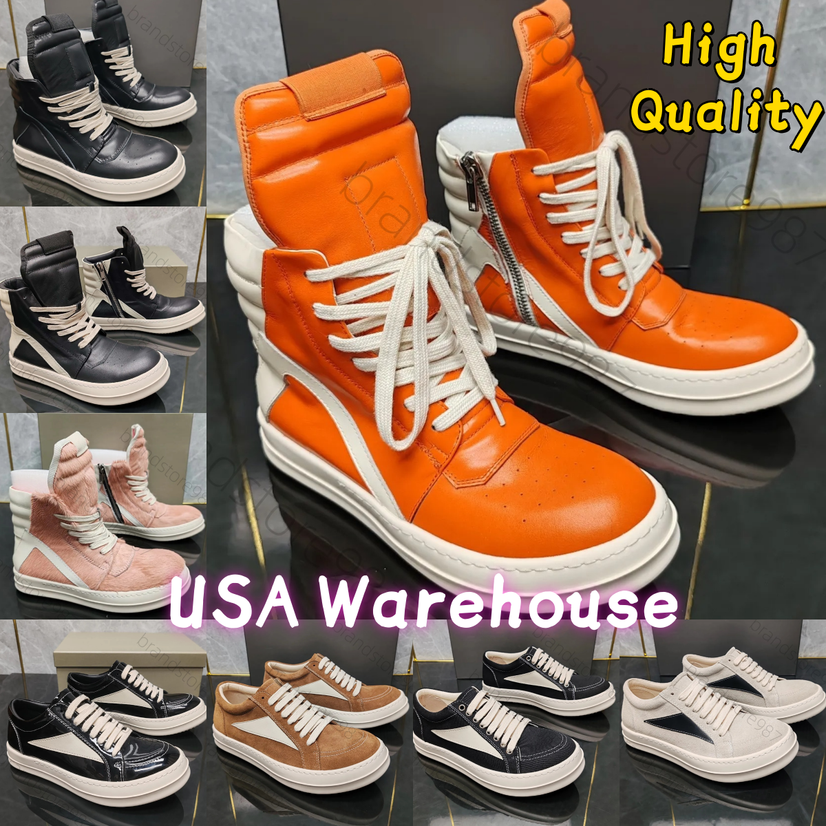 Rick shoes Contrast Triangle Patch High Top Street Boots Unisex Leather Construction Side Zipper Lace Up Chunky Platform Punk Daily Sneakers