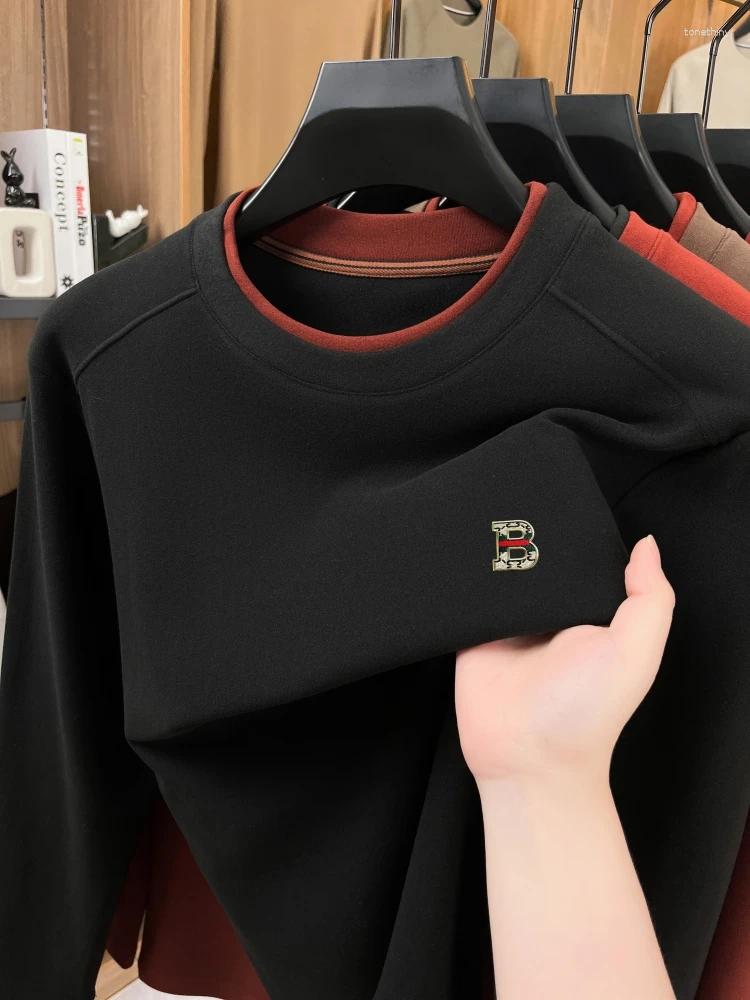 Trend Luxury Velvet Fake Two-piece Sweater Brand Letter Embroidery Pullover Men's Autumn Warm Round Neck Long Sleeve T-shirt