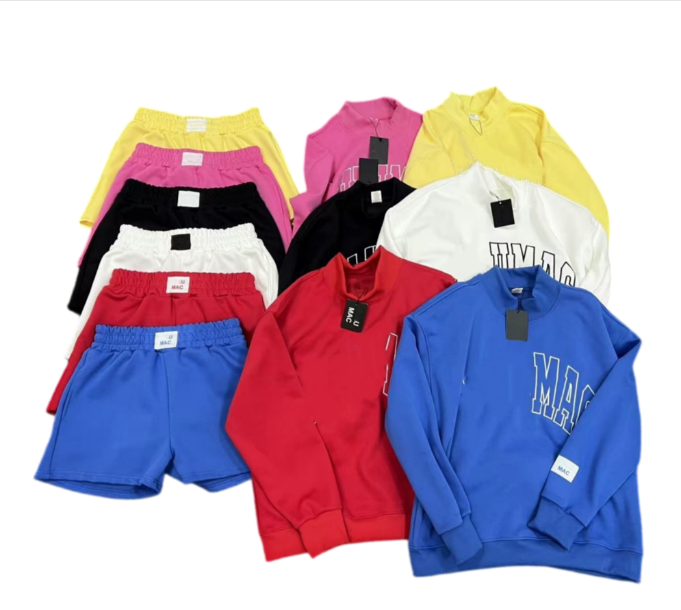 L6672-UU Pull à col rond brodé pour femmes printemps et automne mode sweat-shirts décontractés amples et shorts de Sport costume deux pièces de S