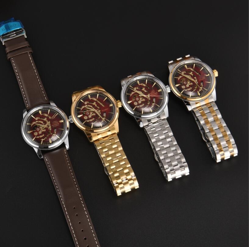 New SEIKOity men's Presage automatic mechanical watch, hollowed out dial watch, gradient red dial, polished round case, business suit men'