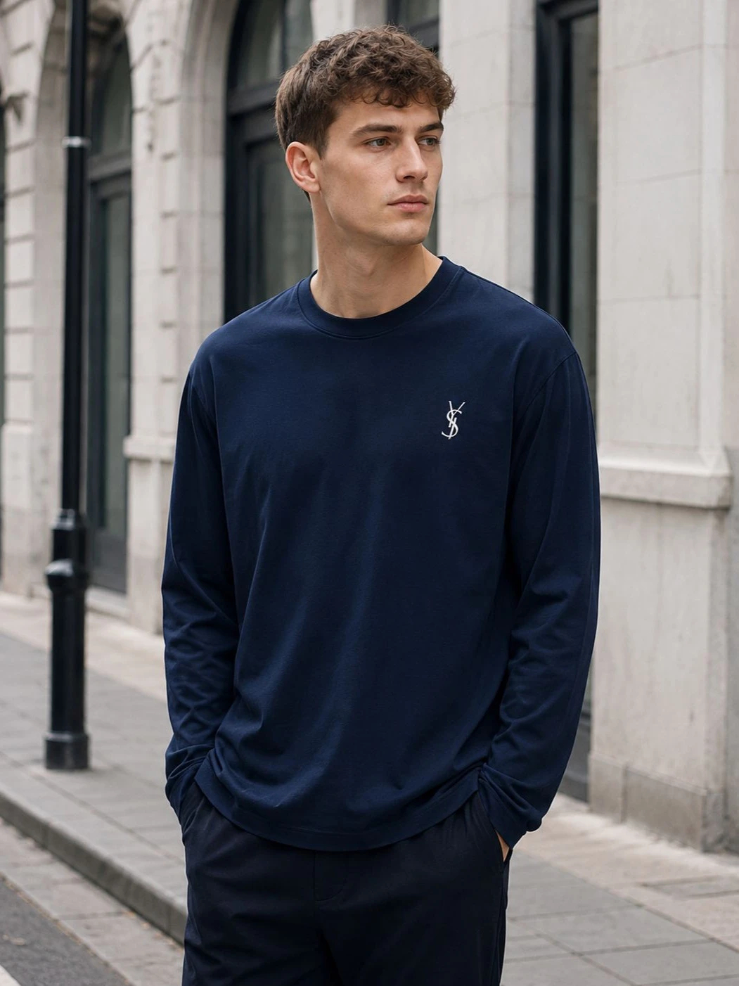 Men Crew Neck Long Sleeve T Shirt Chest Embroidery Loose Fit Casual Basic Top