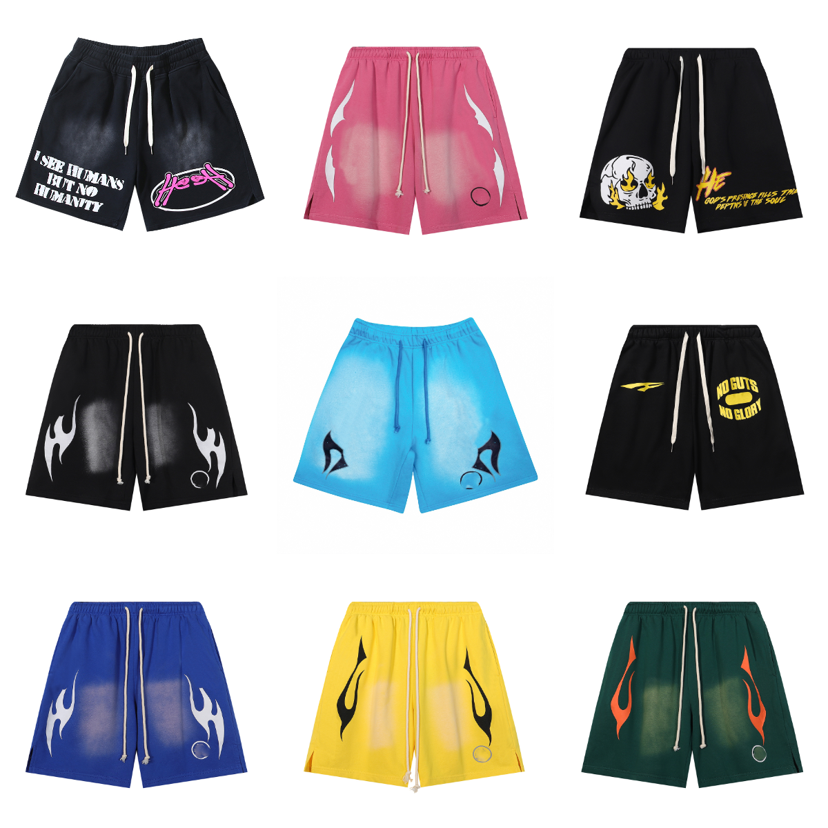 Designer Mens Unisex Flame Print Shorts Vintage Loose Oversized Streetwear Cotton Drawstring Sports Basketball Shorts Alphabet Graffiti Washed Men S