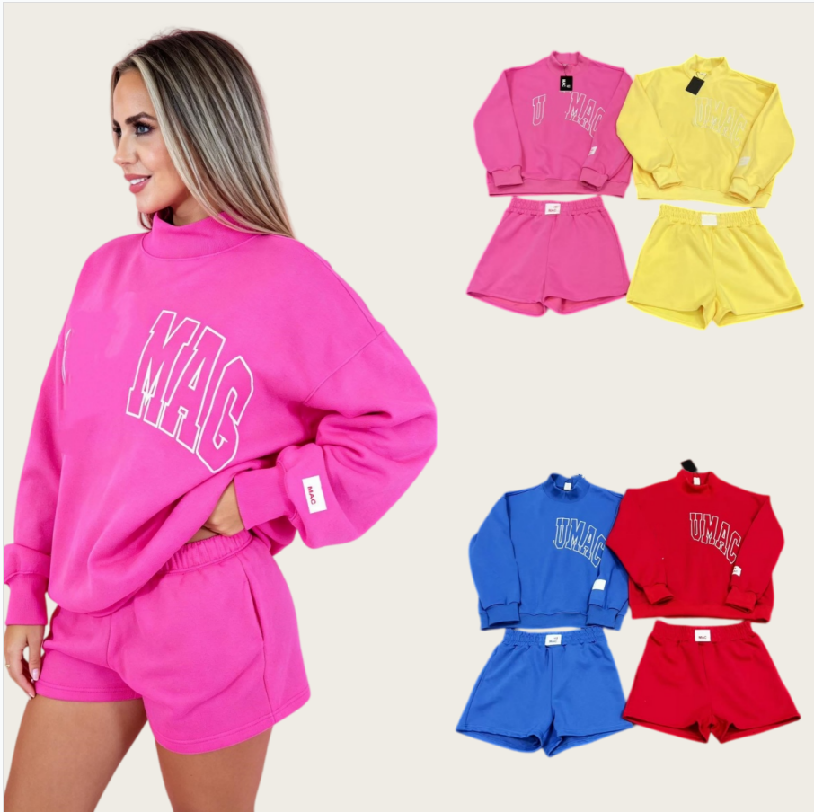 UU-L6672 Lettre brodée demi-col roulé pull femmes ample décontracté mode sweats hauts et shorts de Sport printemps et automne loisirs Sports deux