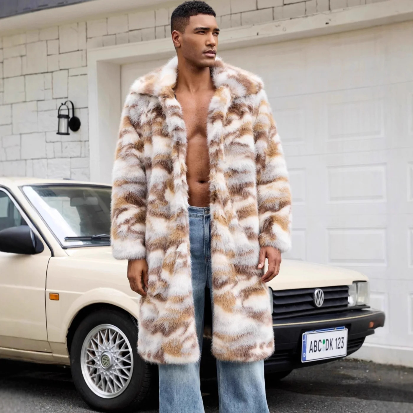 2026 Men Faux Fur Coats Mid Length Jackets Punk Turn Down Collar Coat Thick Y2k Streetwear Jacket Work Outerwear Autumn Winter 261008