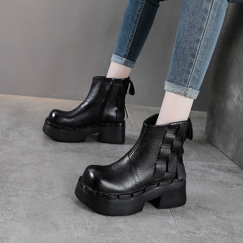 Retro genuine leather platform boots for women in autumn and winter, new style single boot, thick sole, high heel, small size, thick top layer cowhi