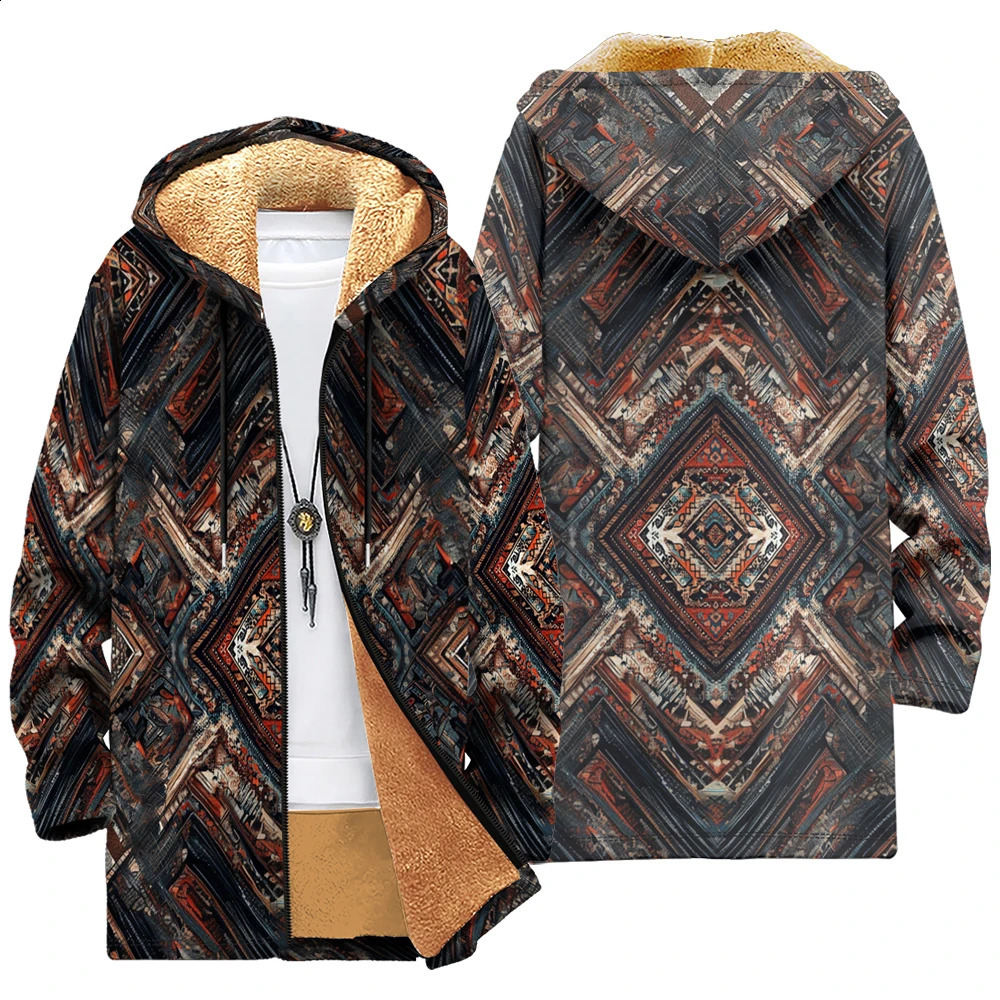 Ethnic Geometric Pattern Tribal Coat Print Hooded Jacket Faux Fur Lining Prosperity Red Blue Bohemian Winter Loose Fit Outerwear 261008