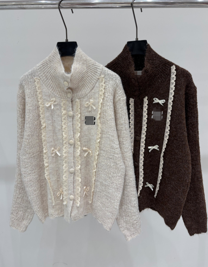 26 women's sweater stand up collar contrasting embroidery flower stripes lace lace lace three-dimensional bow decoration loose retro knitted ca