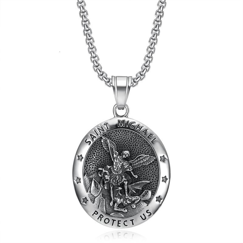 Hip Hop European American Retro Saint Michael Angel Bless You Men and Women Titanium Steel Personalized Round Pendant Necklace