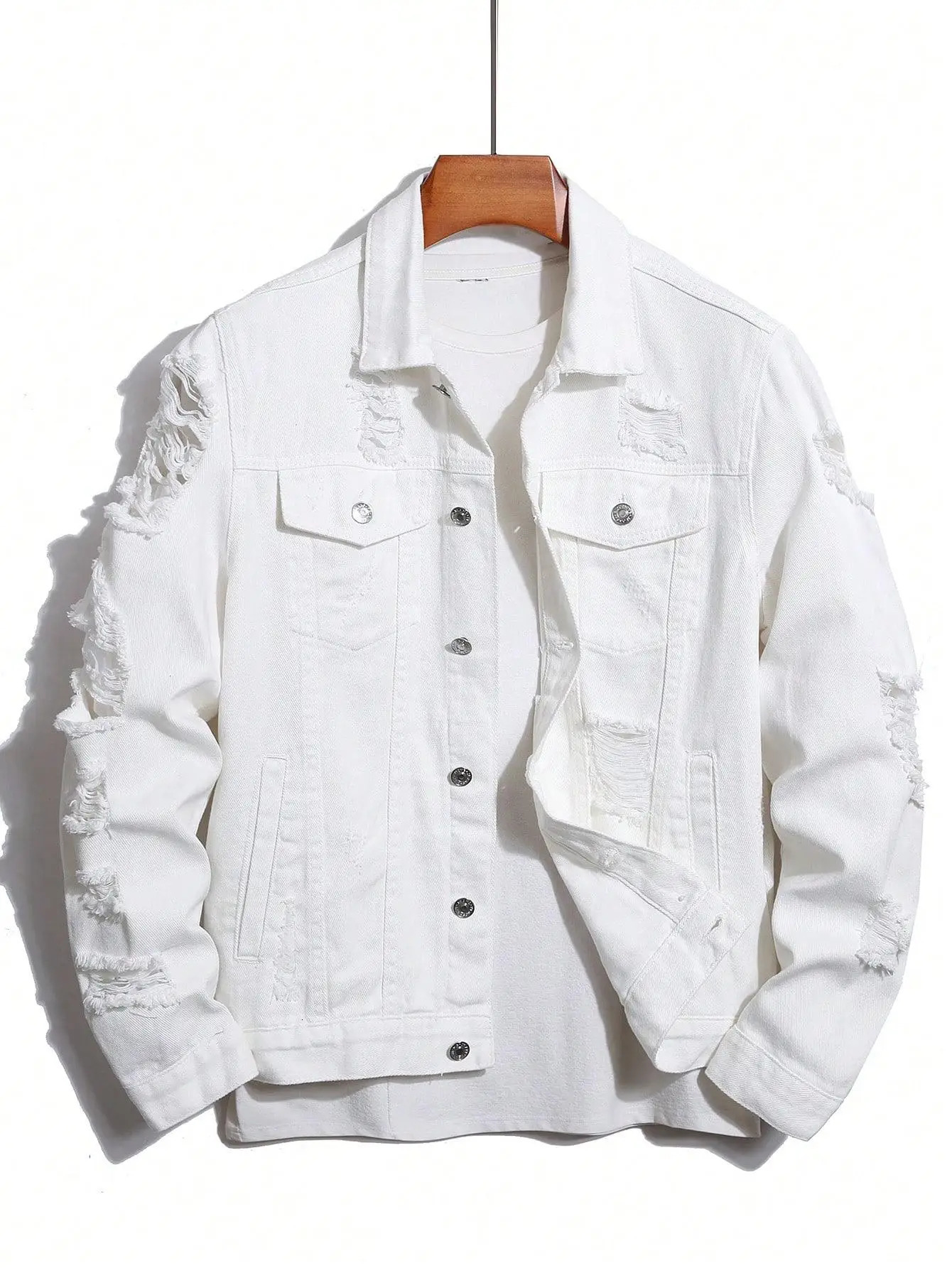 Men's Denim Jacket for Spring and Autumn White Ripped Street Trend Fashion Daily Casual 260929