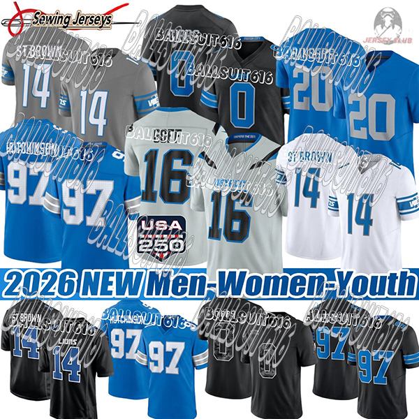 #16 Goff #0 Gibbs #97 Hutchinson #20 Sanders #14 St Brown #87 LaPorta Football F.U.S.E Jersey Detroits Lionses Jersey 2026 Lionsly Jersey 2027