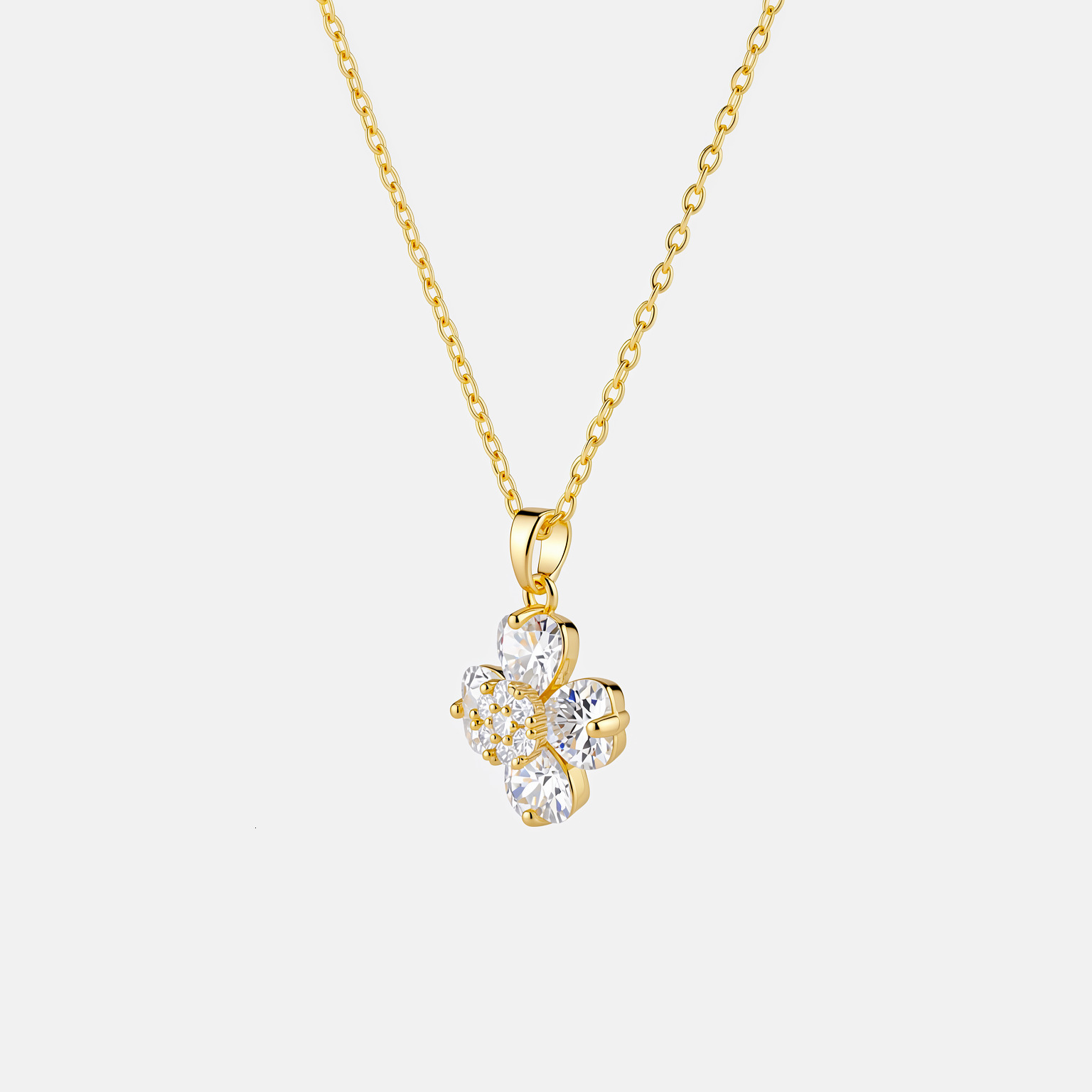 Trendy copper alloy necklace for women, featuring heart-shaped pendant with four-leaf clover cubic zirconia stones, creating a sophisticated and