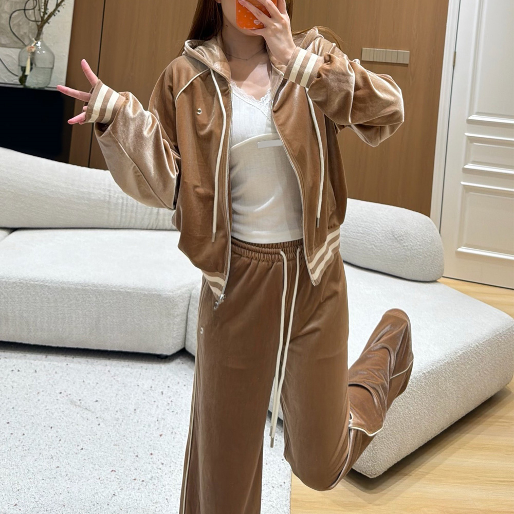 Znk Winter Autumn Women Casual Set Striped Hooded Zip Up Top High Waist Drawstring Wide Leg Trousers Soft Skin friendly Tracksuit For Daily Commute