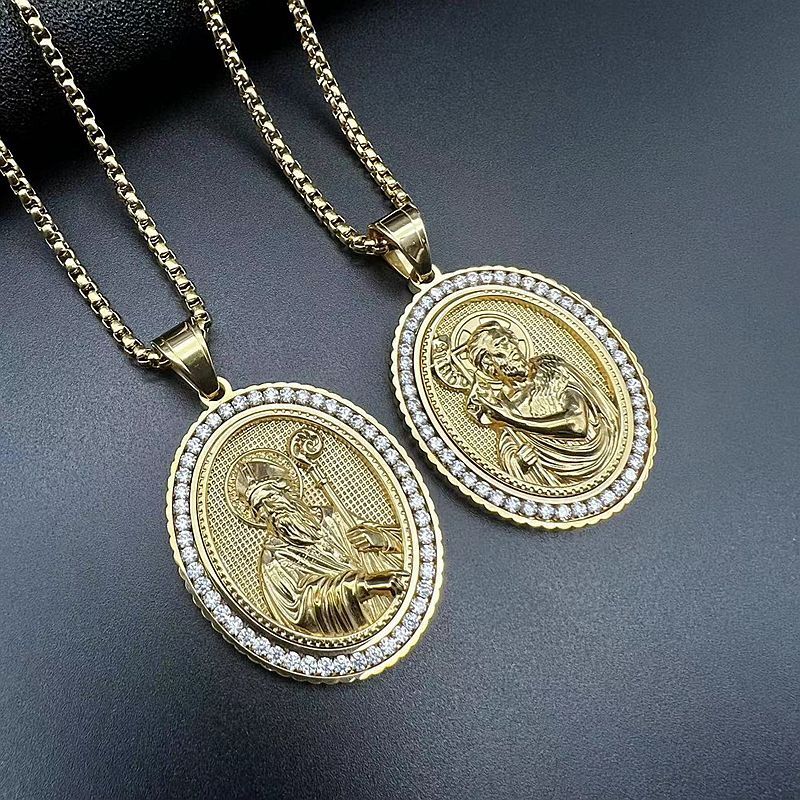 New European American hip-hop religious jewelry: stainless steel cast, gold-plated, cubic zirconia Jesus and saint pendant necklace