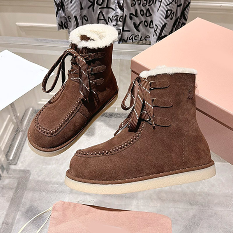 Womens Dark Brown Suede Booties Designer Lace Up Plush Warm Snow Boots Outdoor Anti Slip Rubber Outsole In Winter Daily Casual Outfit