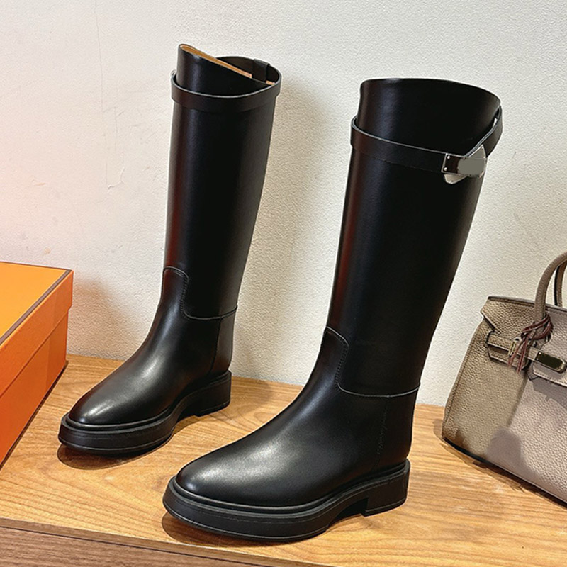 Ladies Classic Boots Box Calfskin High Quality Glossy Leather Strap Metal Lock Buckle Retro Womens Equestrian Boots Autumn Winter Daily Dating