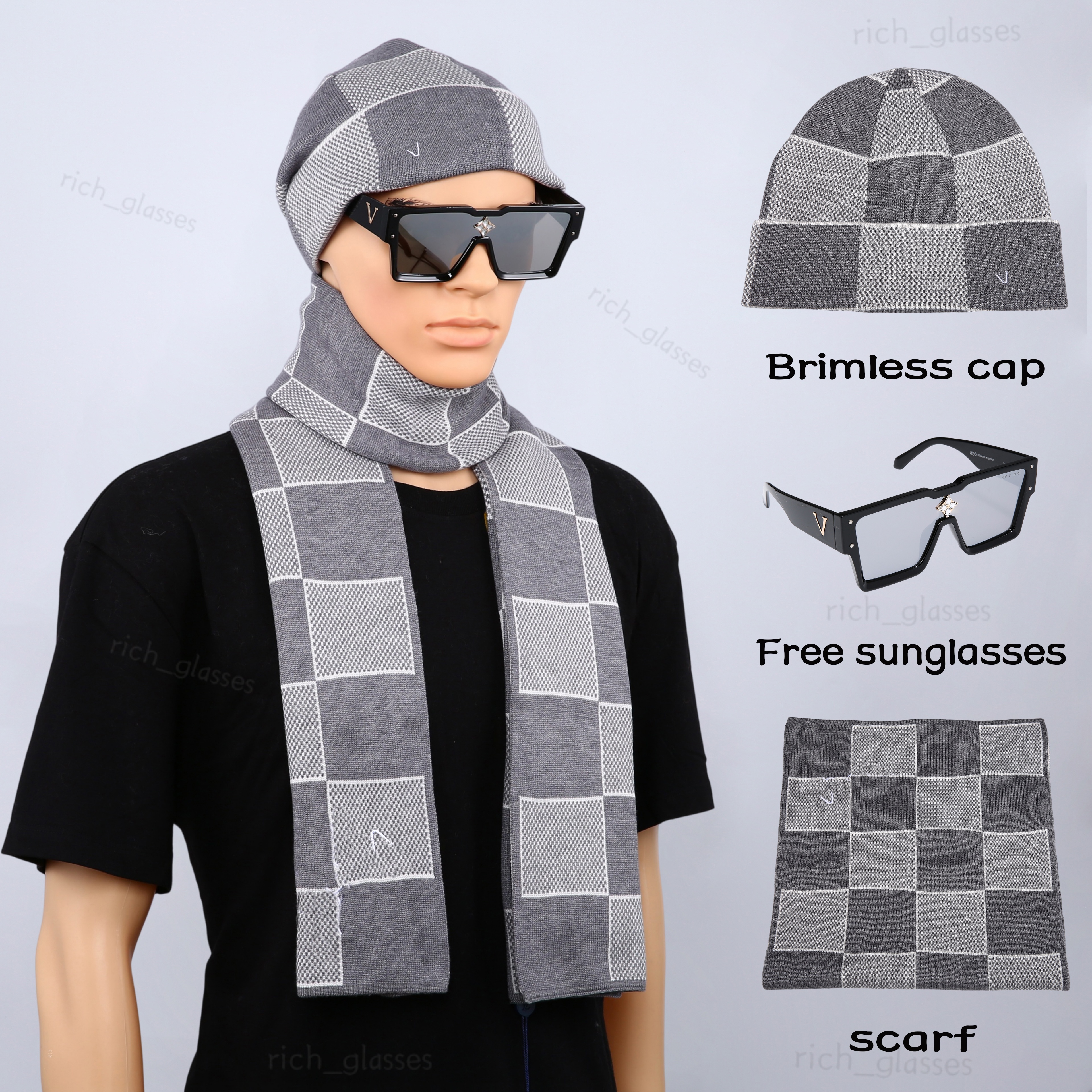 Plaid Letter Patch Knit Hat and Scarf Set Cuffed Beanie Long 3-Piece Set Fall Winter Casual Fashion Gift Idea with Free Sunglasses