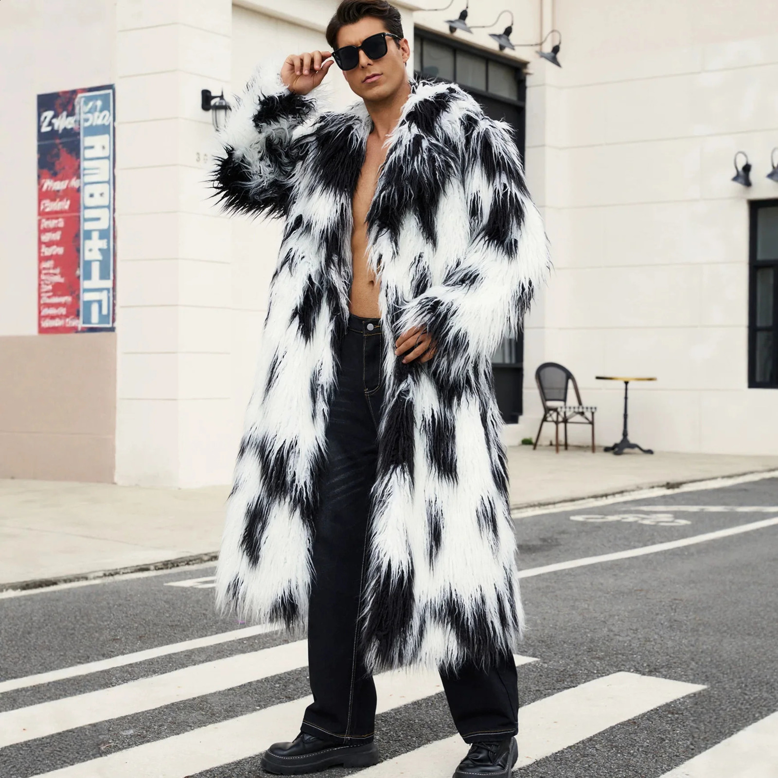 Long Jacket Men Mixed Faux Fur Jackets Turn Down Collar Thick Warm Coat Y2k Streetwear Work Outerwear Full Sleeve Autumn Winter 261008