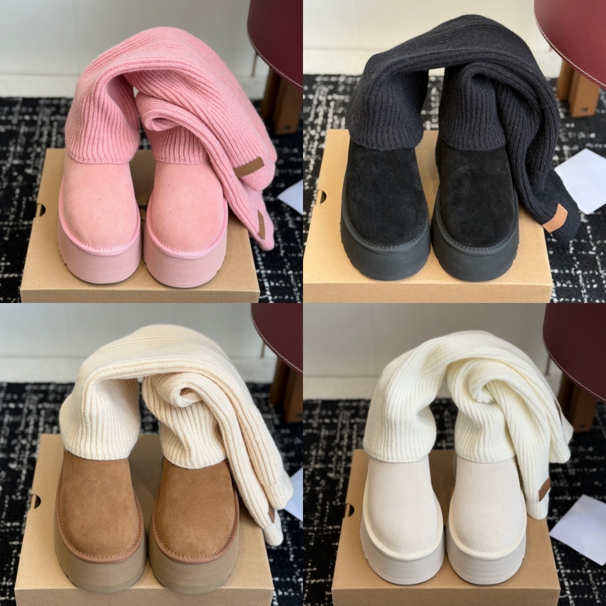 Booties Designer Luxury Womens Pink Suede Fur Knit Platform Winter Snow Casual Slip On Footwear Quality Comfort Modern Stylish Trendy Brown Green Pu