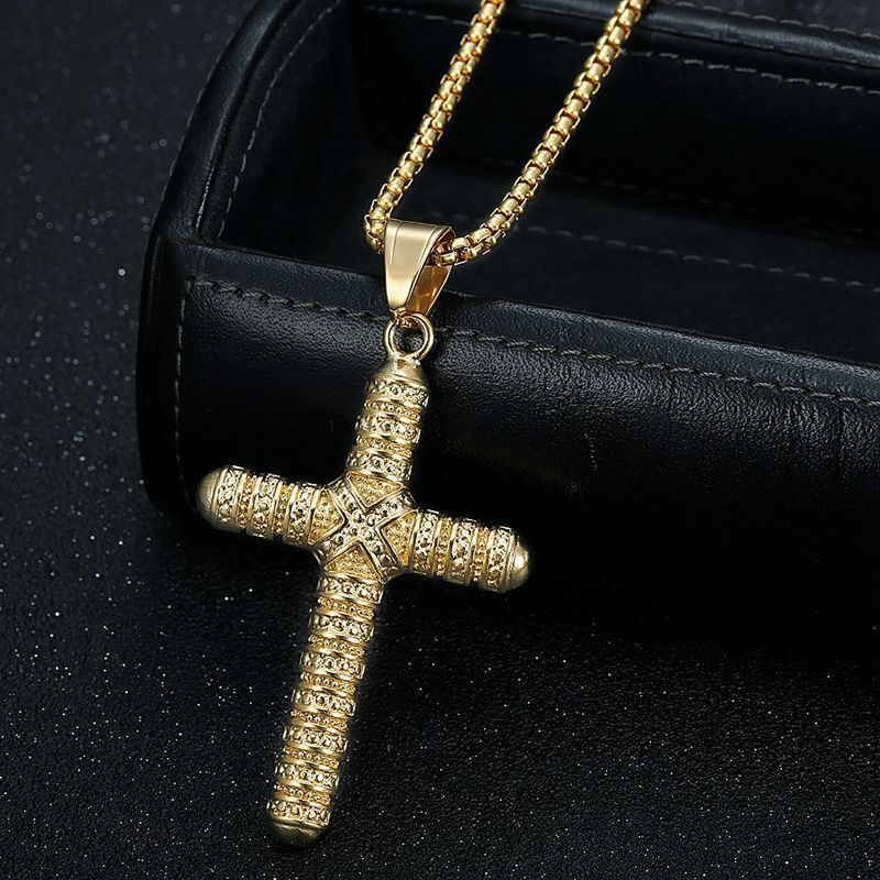 New European and American stainless steel punk-style retro religious jewelry, vacuum-plated round bead cross pendant necklace
