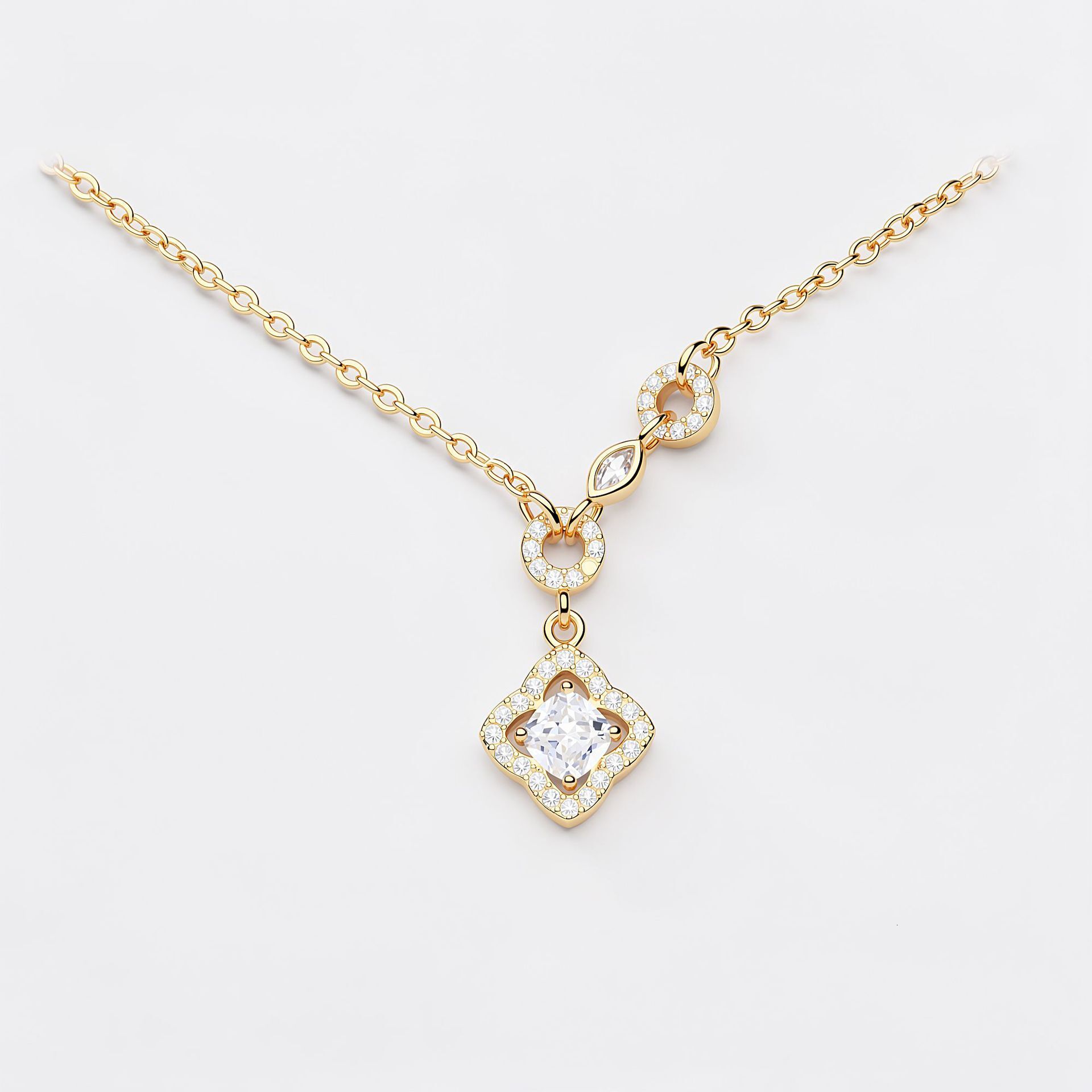 European American fashion new style water drop square pendant necklace with circle, four-leaf clover, and zirconia, electroplated gold,