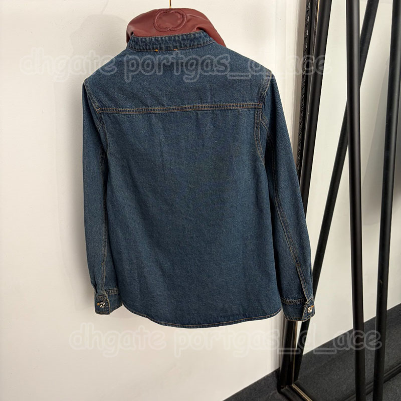 Leather Collar Contrast Color Denim Jacket Luxury Women Button Down Long Sleeve Coat Brand Street Style Outwear