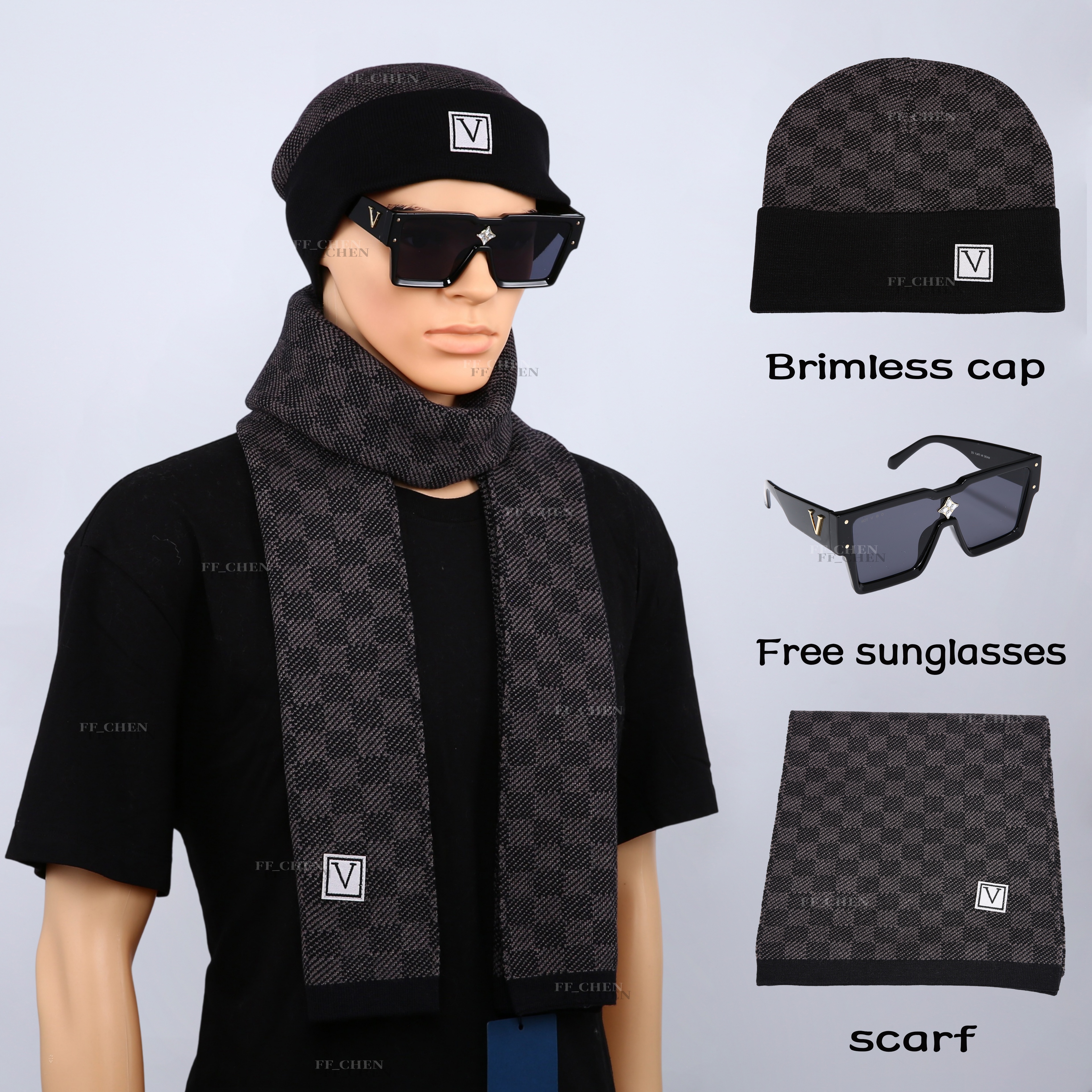 With Free Sunglasses Plaid Letter Patch Knit Hat and Scarf Set Cuffed Beanie Long Scarf Square Sunglasses 3-Piece Set Fall Winter Casual Fashion Gif