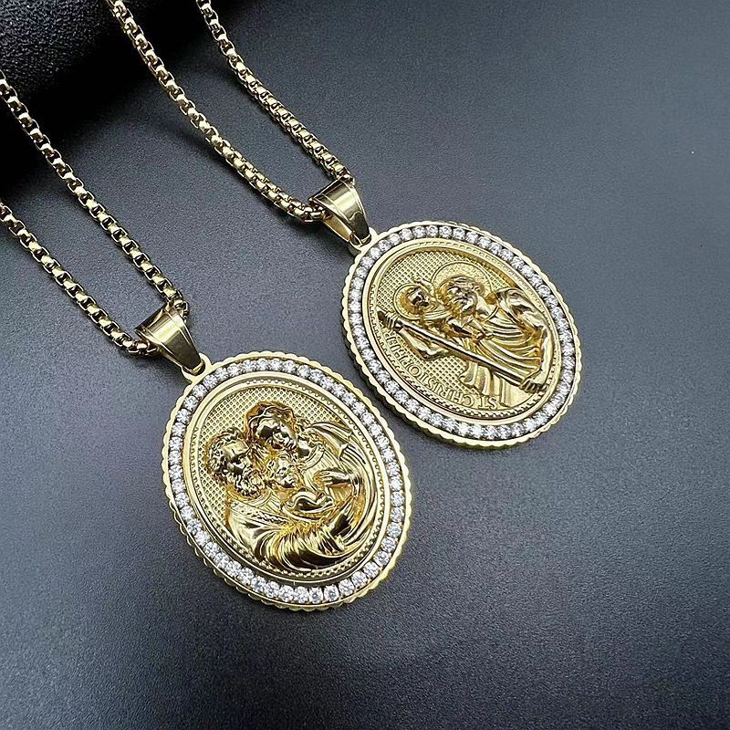 New European American hip-hop religious jewelry: stainless steel gold-plated zircon Jesus, Father, and Son pendant necklace