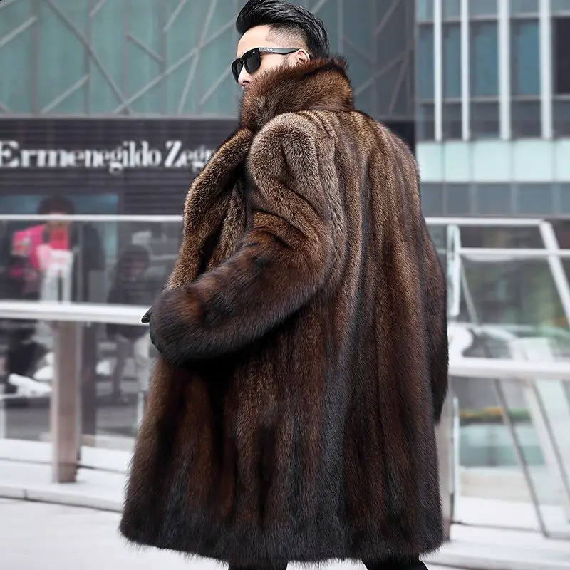 2025 Autumn Winter Mink Coat Men Full Fur Thick Mid Length Faux Large Size Casual Fashion Warm Outerwear Tops 261008
