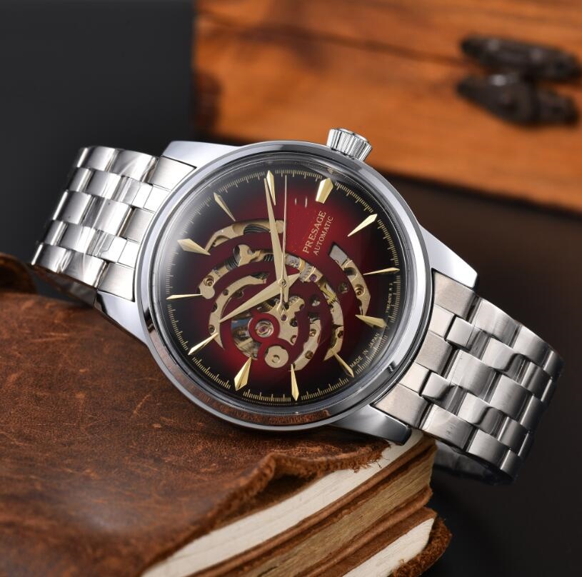 New SEIKOity men's Presage automatic mechanical watch, hollowed out dial watch, gradient red dial, polished round case, business suit men'