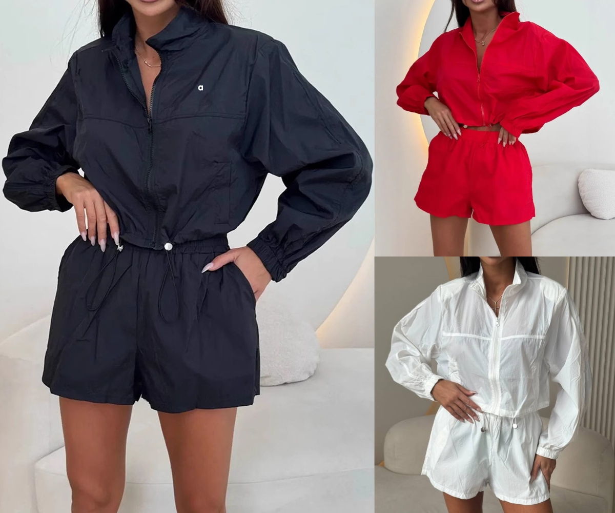 A3070 ensemble décontracté couleur unie manches longues Cardigan zippé short élastique ensemble deux pièces avec cordon de serrage à la taille