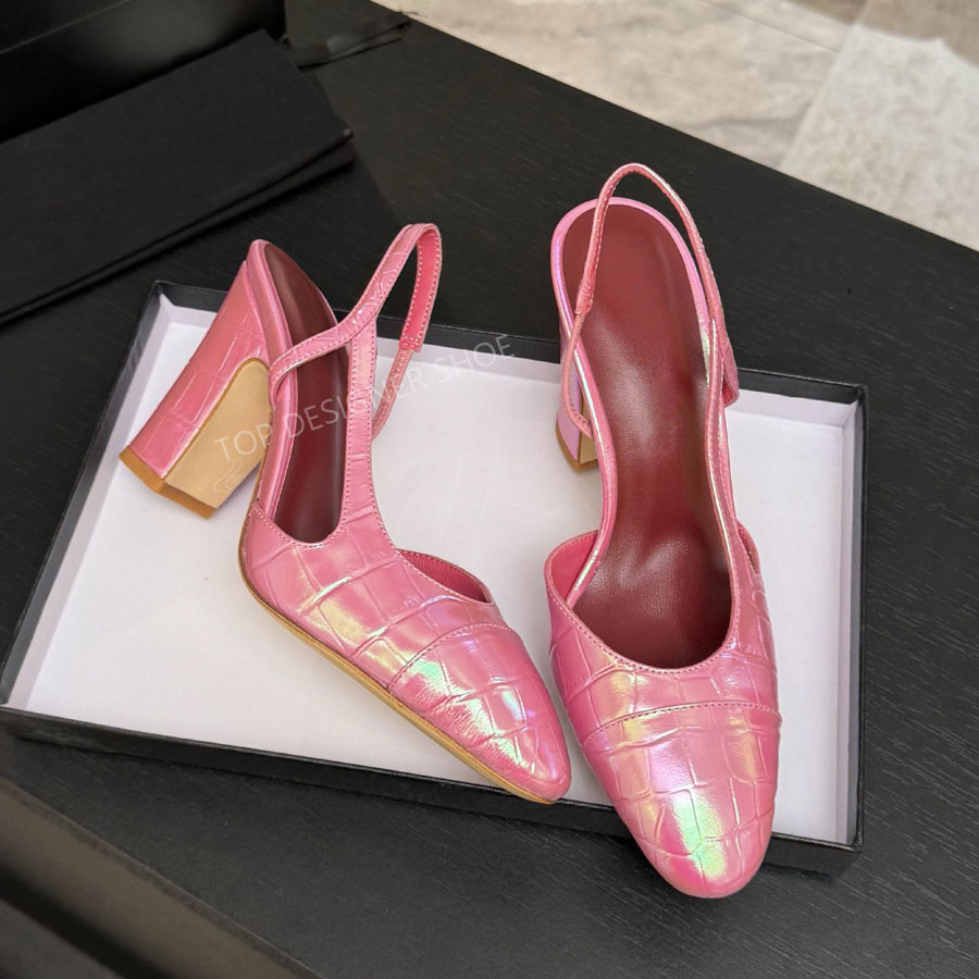 Haute qualité Bout rond en cuir véritable Slingbacks Sandales à talons hauts Blocs épais talon chaussures habillées pompes chaussures de luxe des