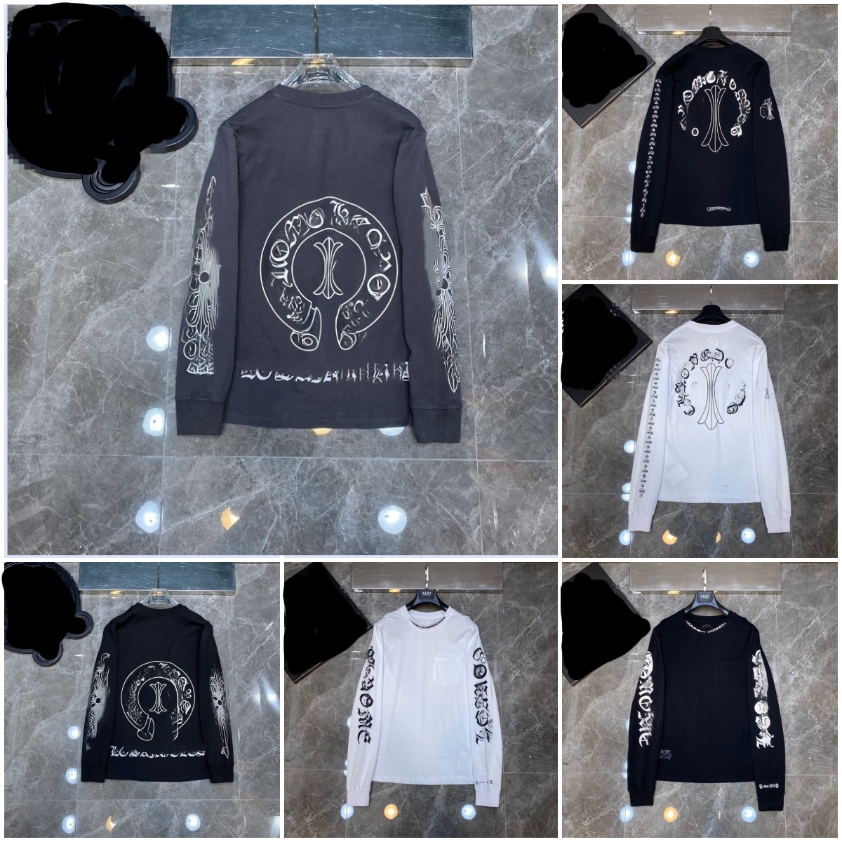 Unisex chrome Long Sleeve Shirt Classic Black White T-shirt Cotton Sweatshirt Hip Hop Streetwear Pullover Loose Casual Mens Womens Long Sleeve Hoody