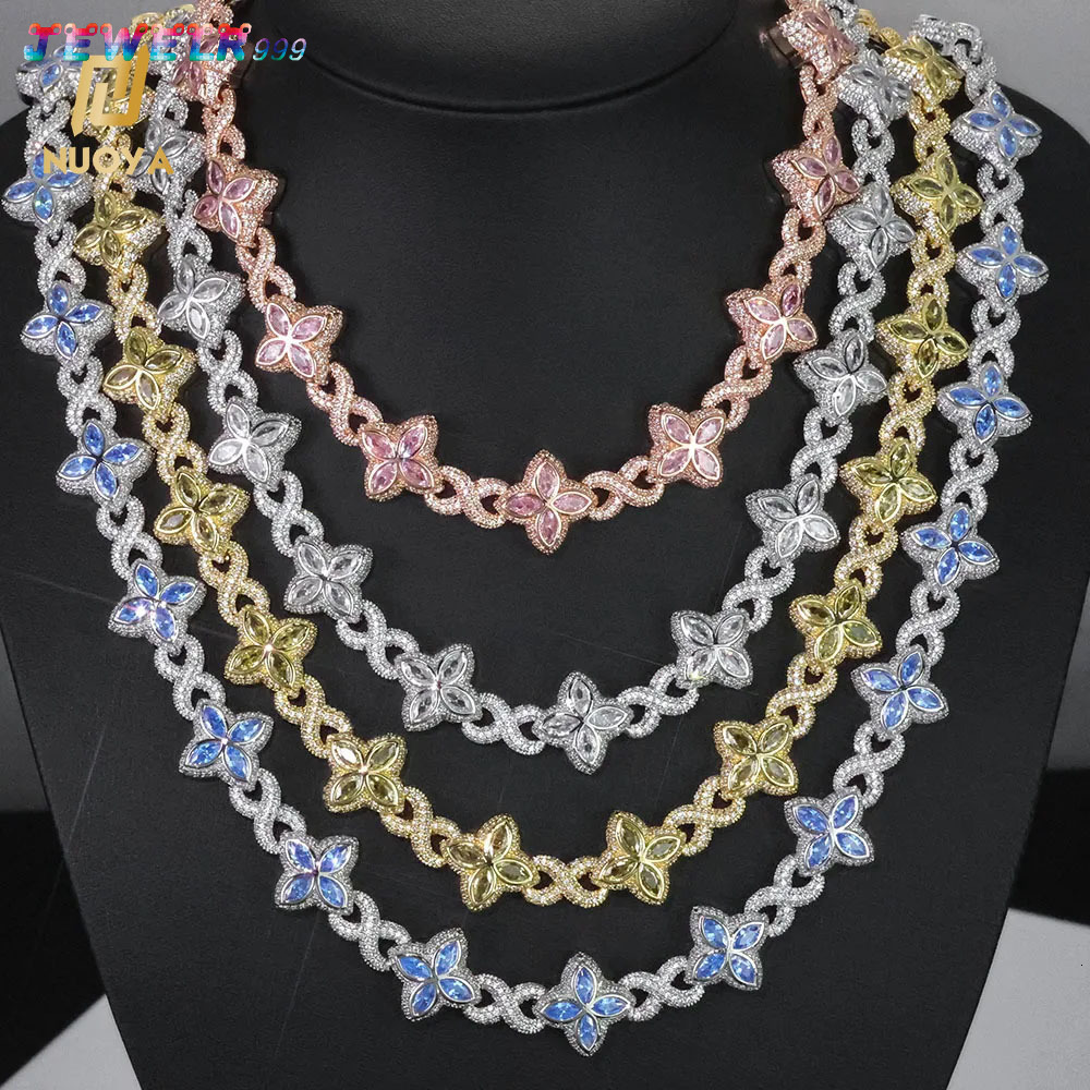 NUOYA Hip Hop Jewelry 8mm Colored Iced Out Diamond Flower Chain Infinite Symbol Chain Four Leaf Clover Necklace for Men Women