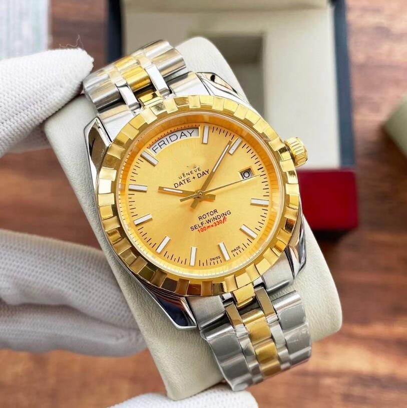 Men's TR automatic mechanical watch, week calendar dual display, 40mm diameter gear bezel, woven textured dial, automatic winding business luxu