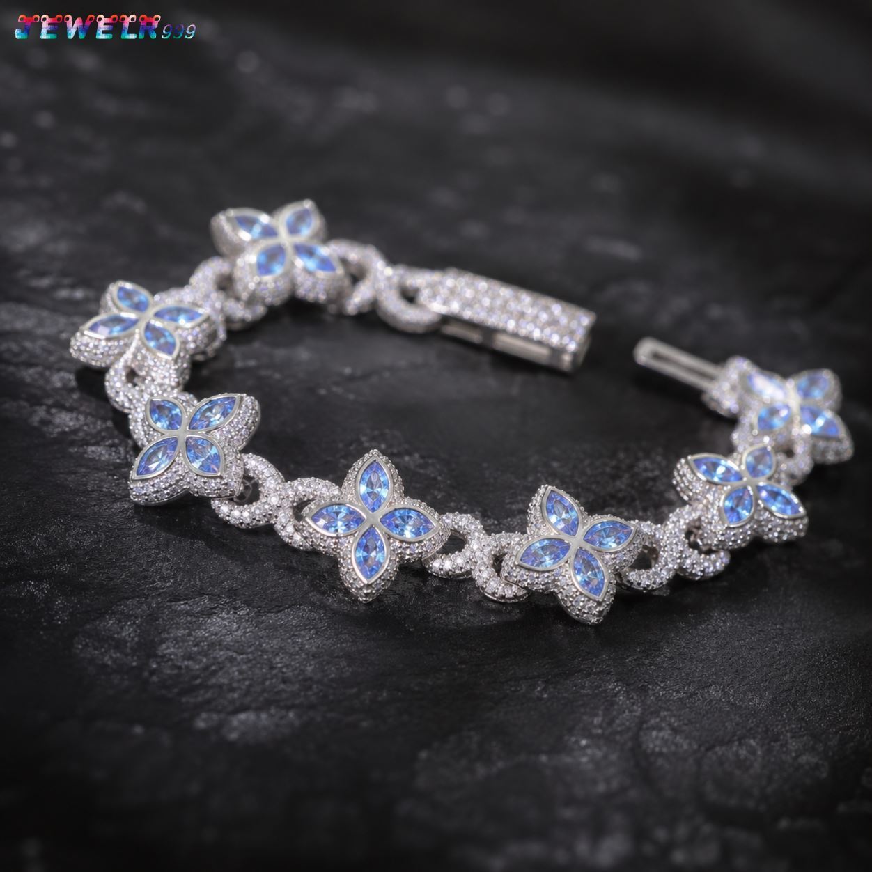 New Style 8mm Hip-Hop Colorful Four Leaf Clover Silver Plated S925 silver Moissanite Chain Bracelet for Women Gift